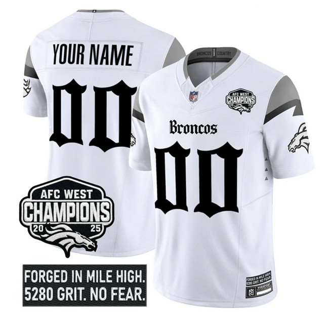 Men's Denver Broncos Active Player Custom White F.U.S.E 2025 Afc West Champions Patch ‘Gothic Mile High Shadows Edition’ Vapor Limited Stitched Football Jersey